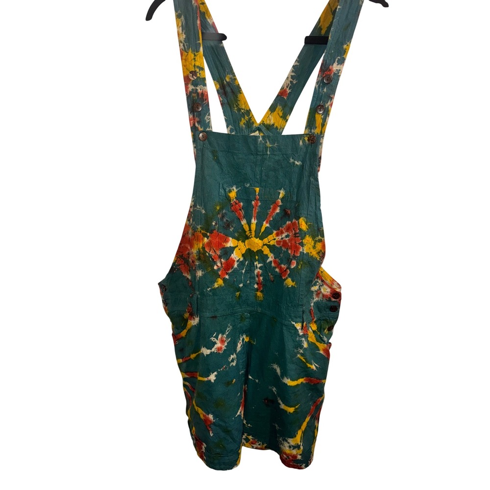 100% Cotton Tie Dye Short Overalls Teal Yellow Red Sunburst Boho L/XL